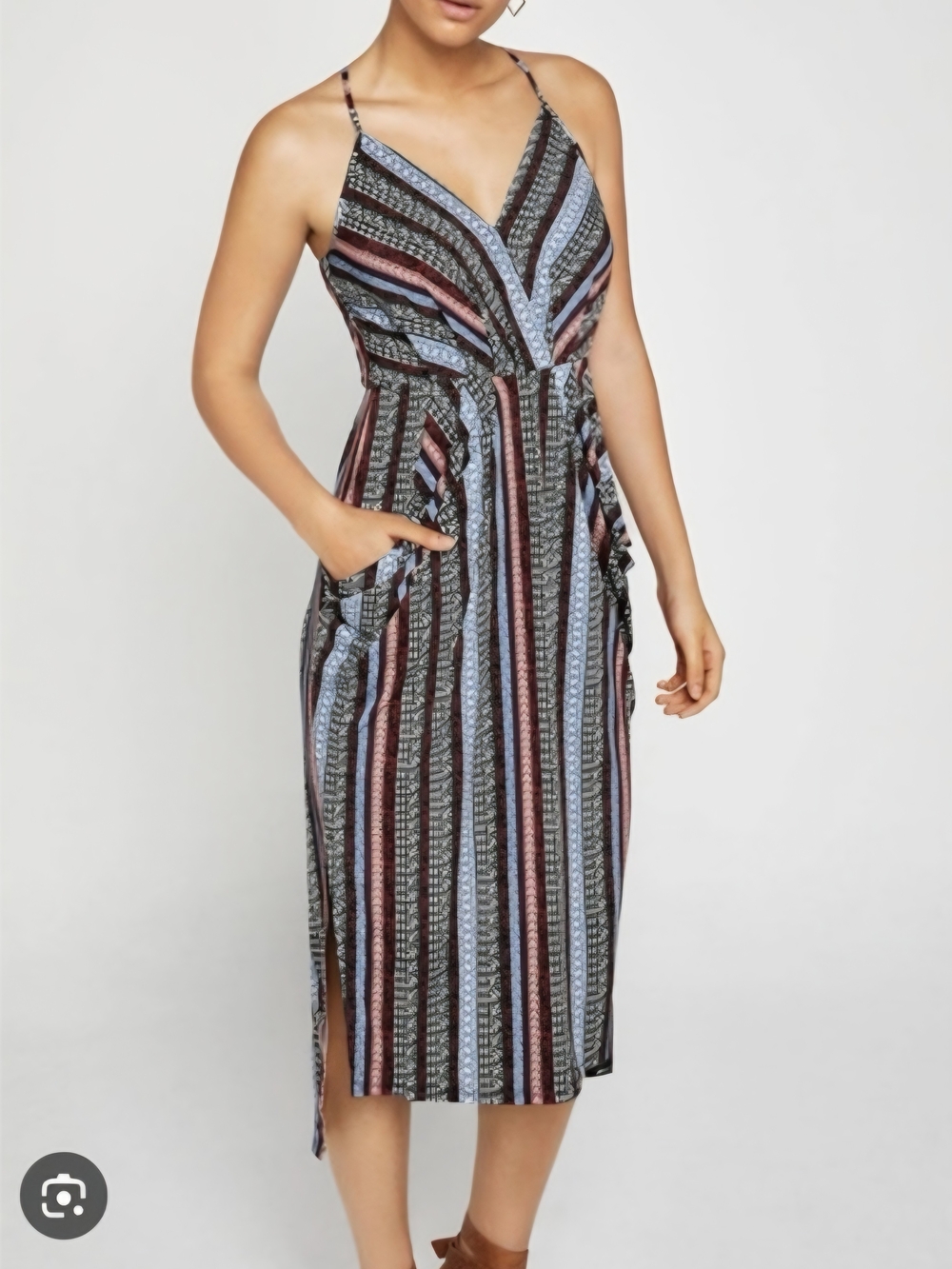 BCBGeneration V Neck Vertical Striped High Low Midi Dress Sz S Pockets!